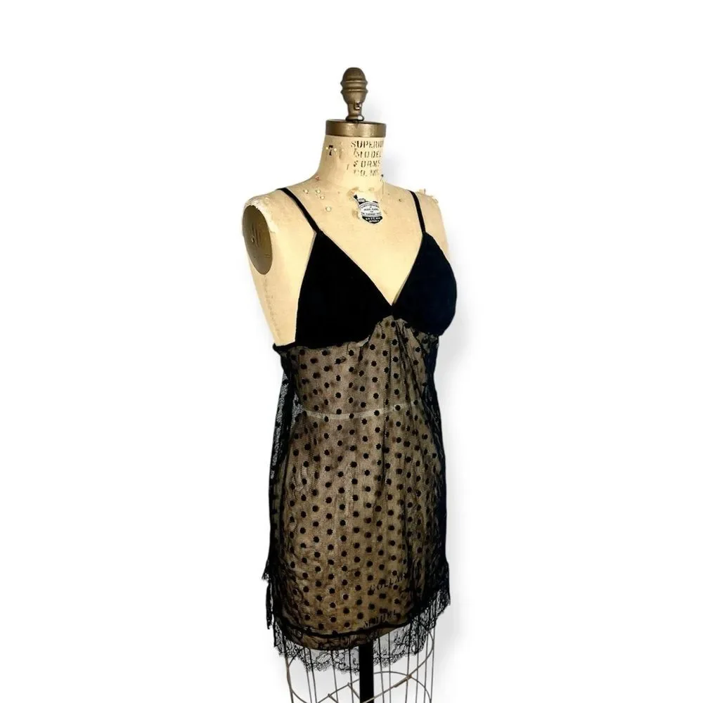 Vintage Elegant Babydoll Black Polka Dot Lace Chemise Slip Lingerie - Picture 6 of 6